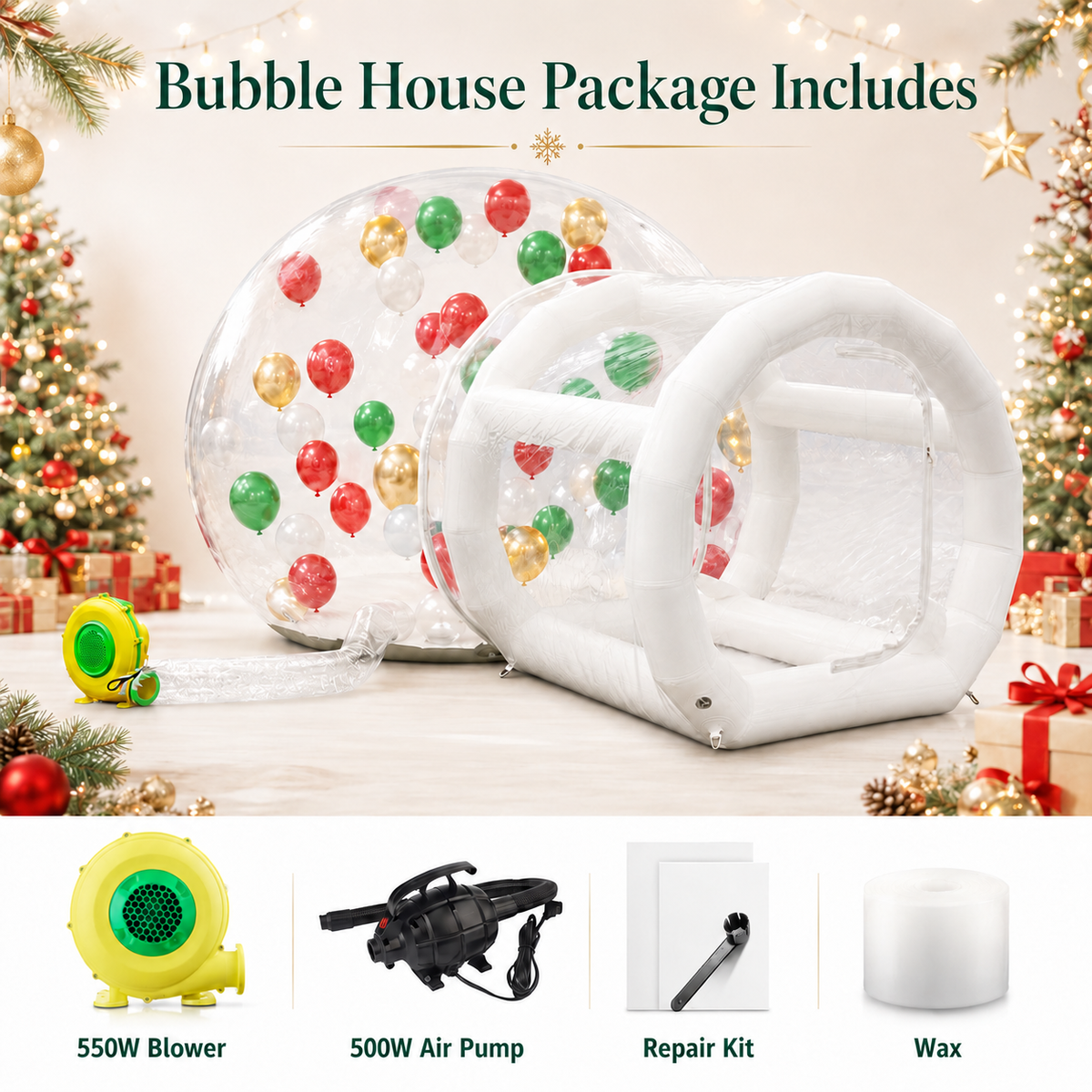 10FT Inflatable Bubble House with 6FT Tunnel, Clear Transparent Bubble Dome Tent with 550W Blower & 500W Air Pump for Christmas, Birthday Parties, Weddings & Outdoor Events