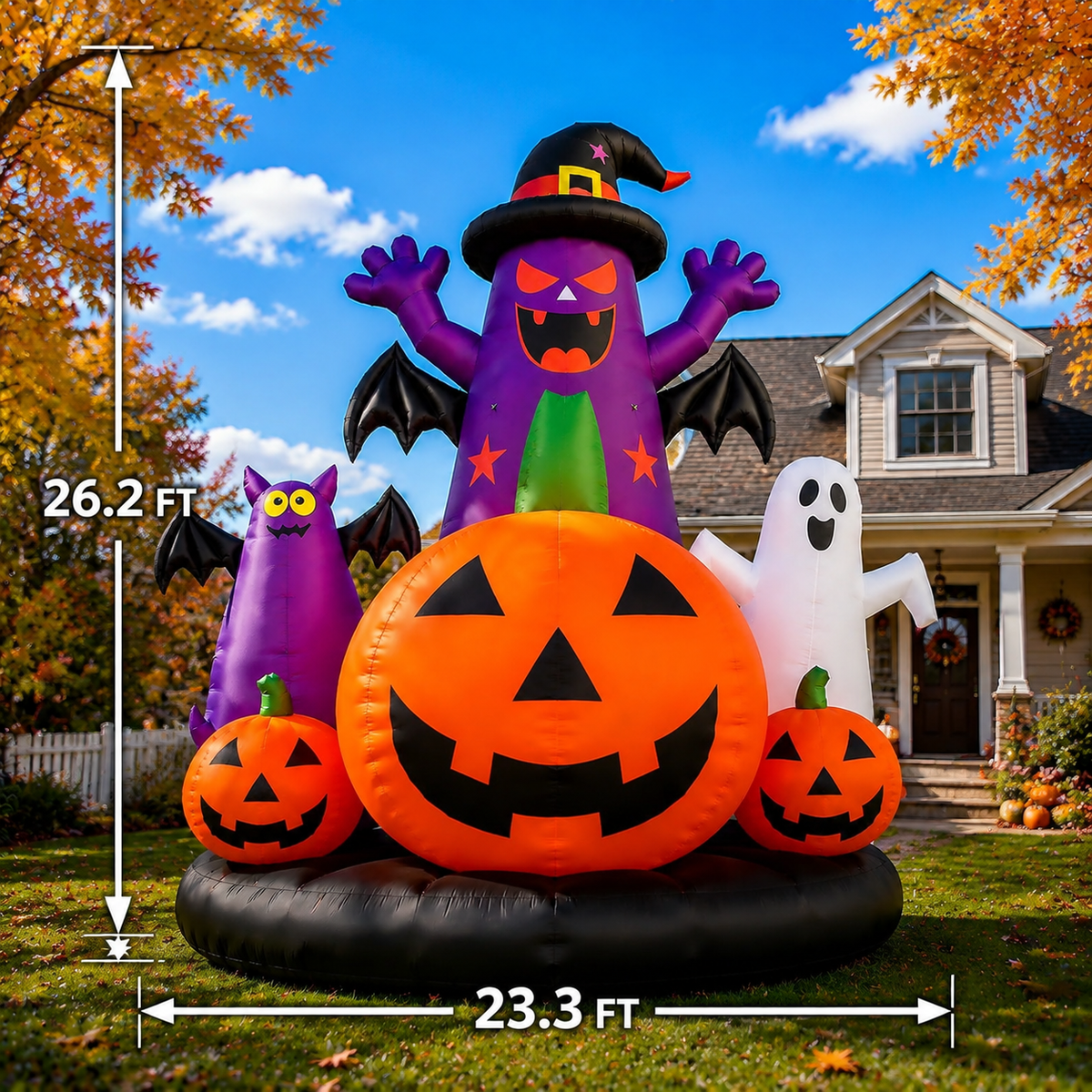 26 FT Giant Halloween Inflatable Pumpkin Combo (Light not Included) Decor with Witch, Ghosts, Bats, 680W Heavy Duty Blower, 480D Oxford Cloth for Lawn Yard Outdoor Party Lawn Decoration