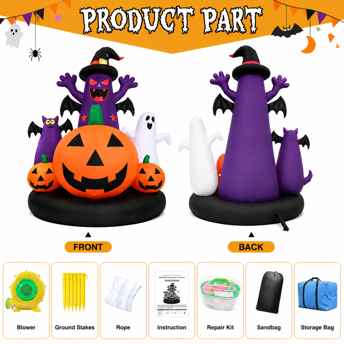 26 FT Giant Halloween Inflatable Pumpkin Combo (Light not Included) Decor with Witch, Ghosts, Bats, 680W Heavy Duty Blower, 480D Oxford Cloth for Lawn Yard Outdoor Party Lawn Decoration