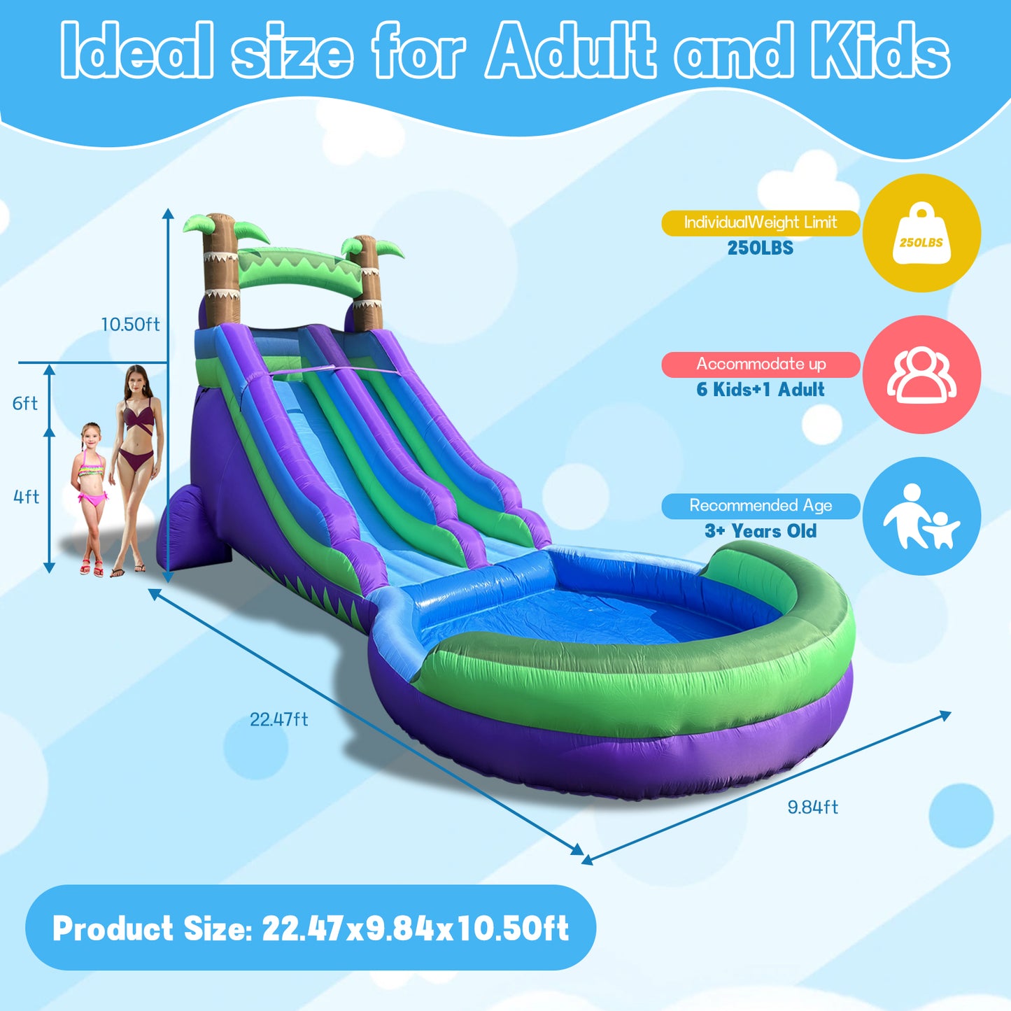 Inflatable Water Slide with Oversized Splash Pool for Kids 3-12, Oxford Fabric, Quick Setup & Drainage, 550W Blower & All Accessories for Indoor Outdoor Summer Party Fun