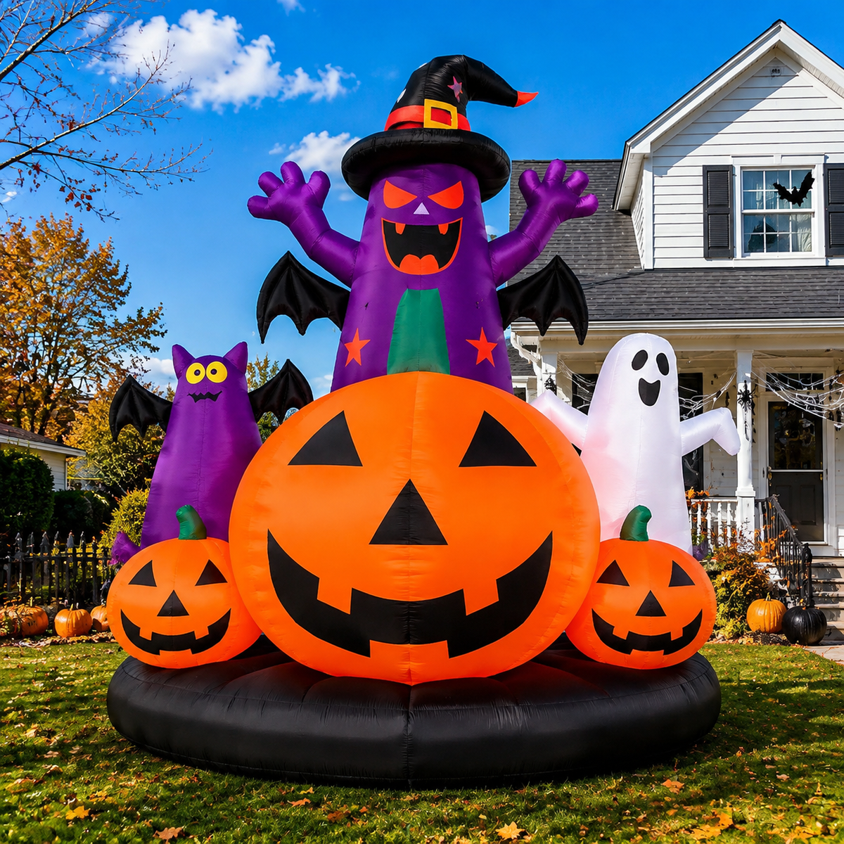 26 FT Giant Halloween Inflatable Pumpkin Combo (Light not Included) Decor with Witch, Ghosts, Bats, 680W Heavy Duty Blower, 480D Oxford Cloth for Lawn Yard Outdoor Party Lawn Decoration