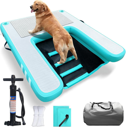 Inflatable Large Dog Water Ramp Float Floating Ramp-Swimming Pets Up to 200 Pounds Large Dogs-Inflatable Stairs for Boats, Docks, with Pump/Rope/Repair Kit - PVC Anti-Slip Fabric