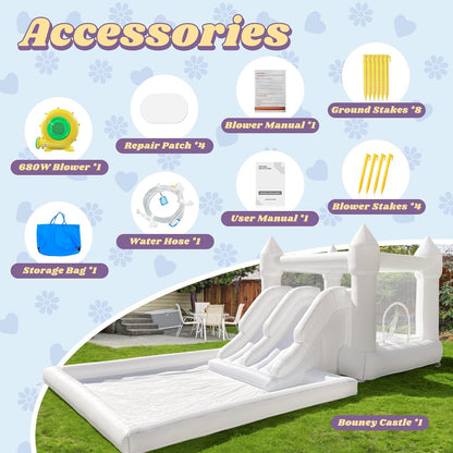 Double Slide Water Whote Bounce House Indoor Outdoor Oxford Bounce Castle, Climb 3-in-1 Playhouse