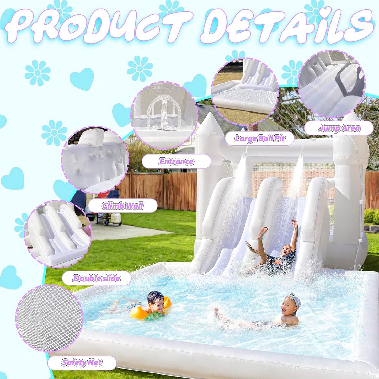 Double Slide Water Whote Bounce House Indoor Outdoor Oxford Bounce Castle, Climb 3-in-1 Playhouse