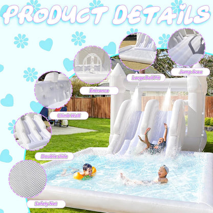 Double Slide Water Whote Bounce House Indoor Outdoor Oxford Bounce Castle, Climb 3-in-1 Playhouse