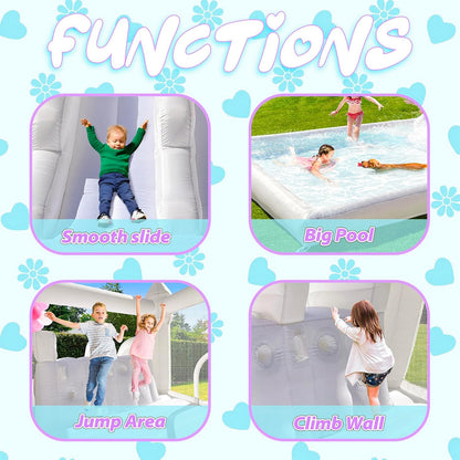 Double Slide Water Whote Bounce House Indoor Outdoor Oxford Bounce Castle, Climb 3-in-1 Playhouse