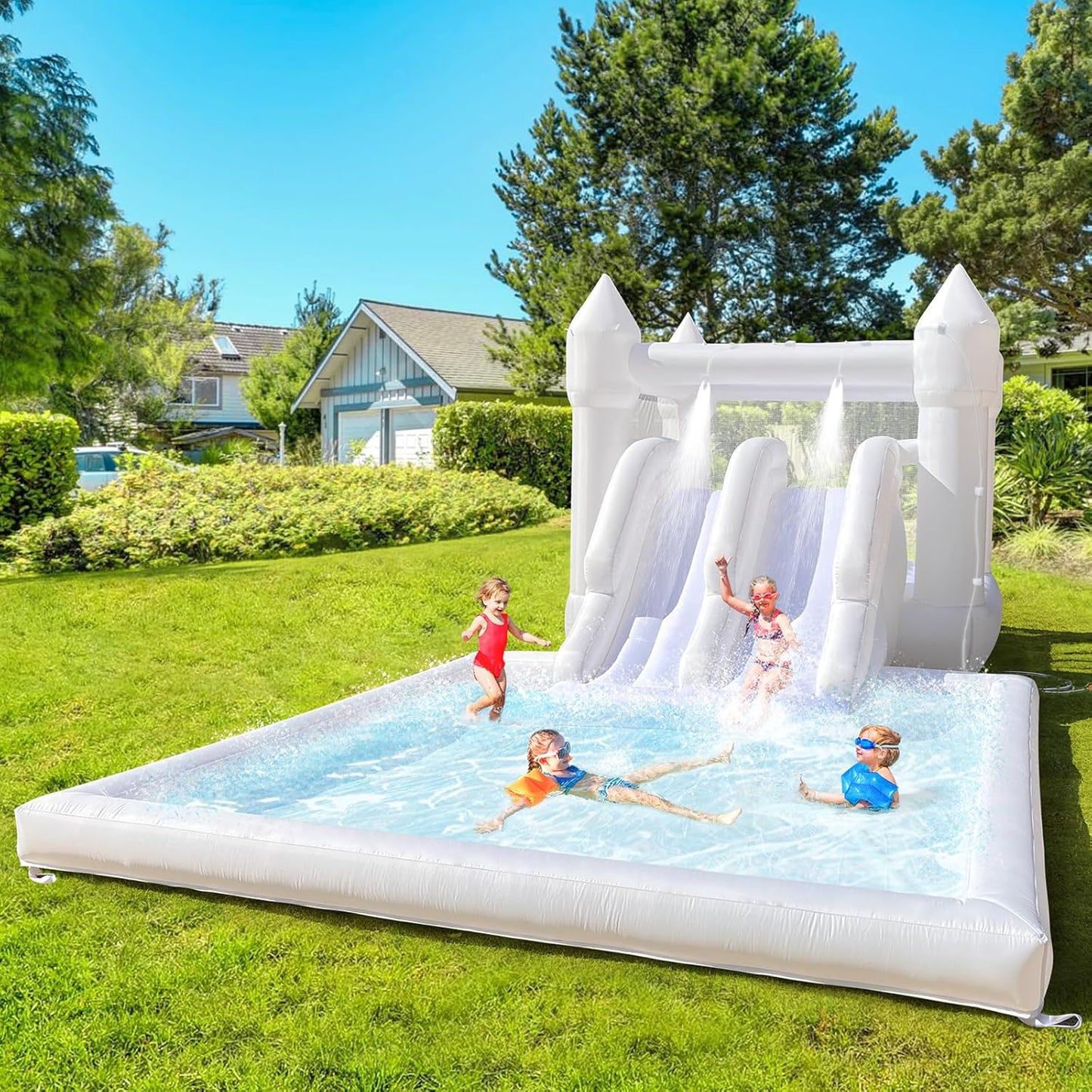 Double Slide Water Whote Bounce House Indoor Outdoor Oxford Bounce Castle, Climb 3-in-1 Playhouse