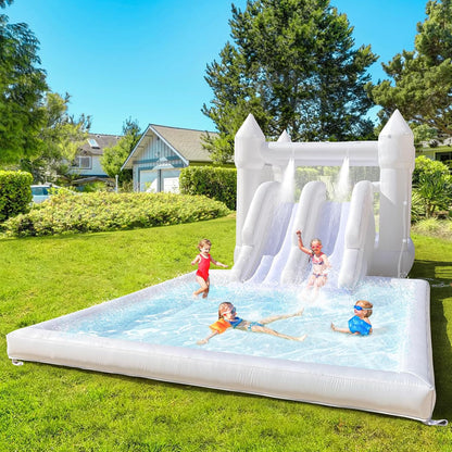 Double Slide Water Whote Bounce House Indoor Outdoor Oxford Bounce Castle, Climb 3-in-1 Playhouse