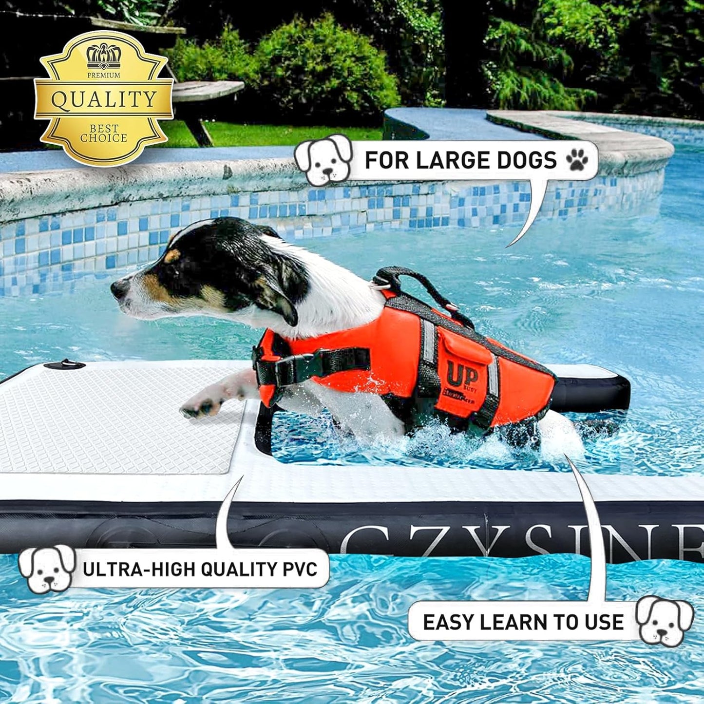 Inflatable Large Dog Water Ramp Float Floating Ramp-Swimming Pets Up to 200 Pounds Large Dogs-Inflatable Stairs for Boats, Docks, with Pump/Rope/Repair Kit - PVC Anti-Slip Fabric (Black)