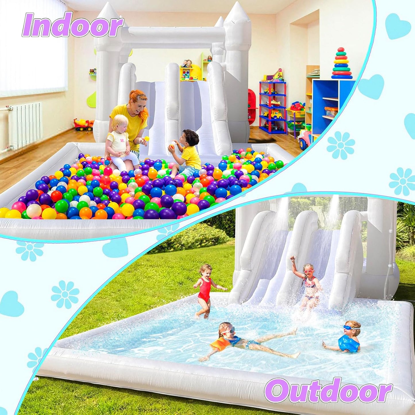 Double Slide Water Whote Bounce House Indoor Outdoor Oxford Bounce Castle, Climb 3-in-1 Playhouse