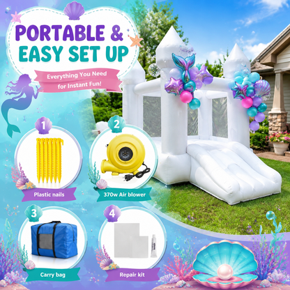 AIRFUNGO 6' x 9' White Bounce House with Slide | Mini Castle Inflatable