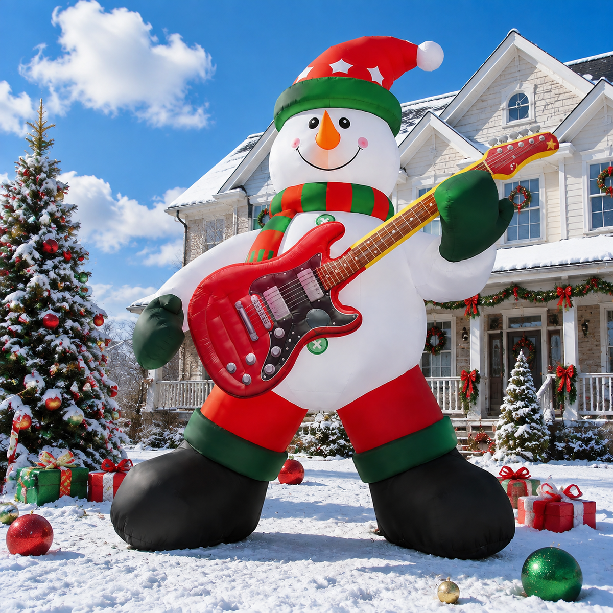 26FT Giant Inflatable Christmas Snowman with Guitar, Extra Large Outdoor Blow Up Guitar Player Snowman Decoration for Yard, Lawn, Garden & Holiday Party Display