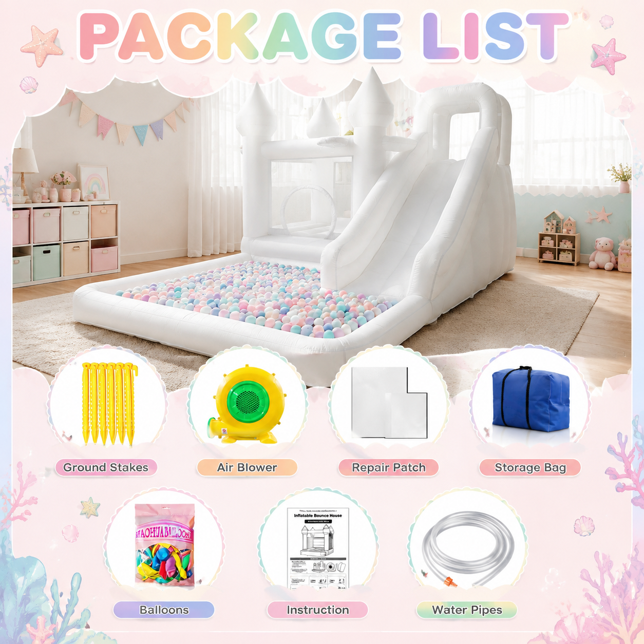 13.7 Ft  White Bounce House with Slide & Ball Pit | Castle Inflatable