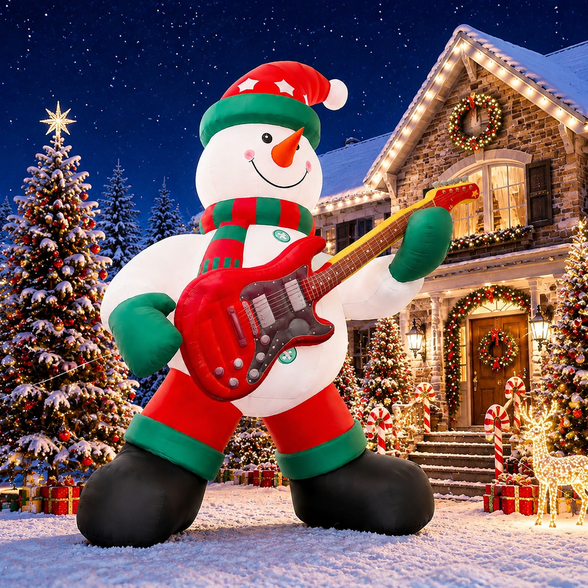 26FT Giant Inflatable Christmas Snowman with Guitar, Extra Large Outdoor Blow Up Guitar Player Snowman Decoration for Yard, Lawn, Garden & Holiday Party Display