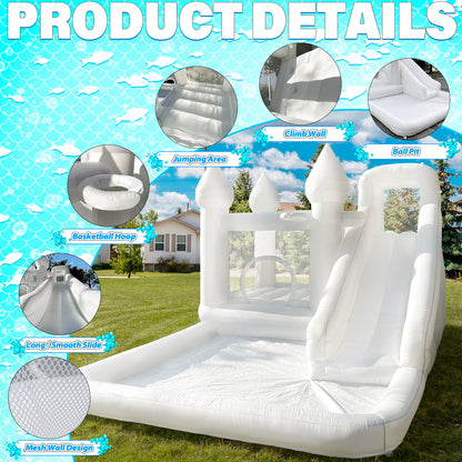 13.7 Ft  White Bounce House With Blower Jumping Castle With Slide & Ball Pit For Kids (oxford Material)