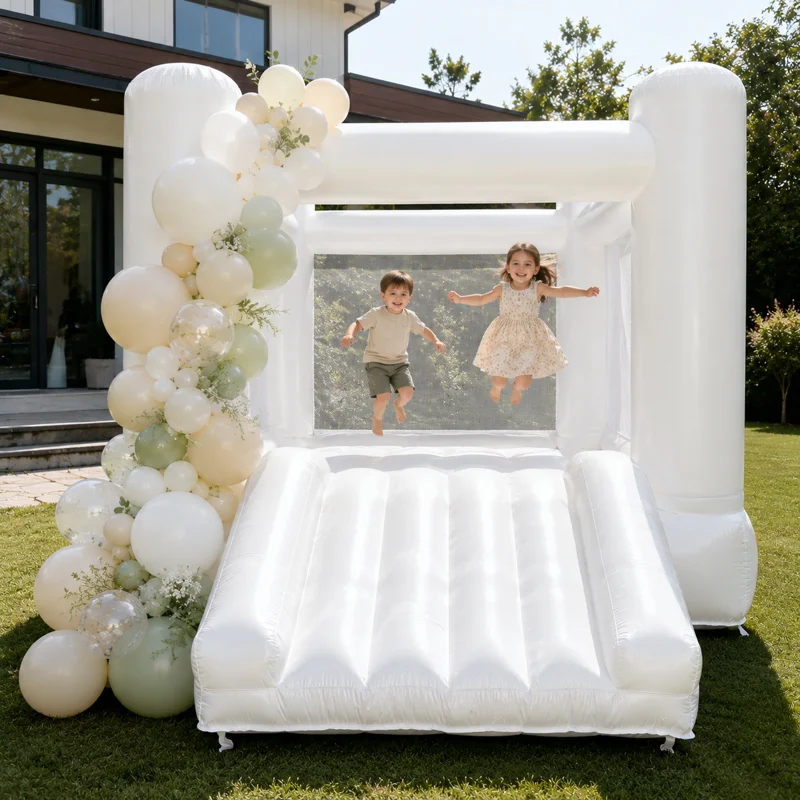 AIRFUNGO 12x8FT White Inflatable Bounce House with Slide, Premium Oxford Fabric Castle Bouncer for Kids Birthday Party, Backyard Event & Holiday Celebration