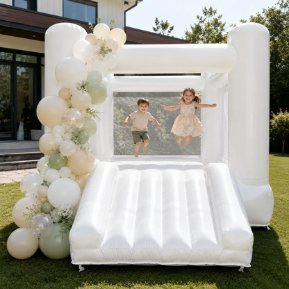 AIRFUNGO 12x8FT White Inflatable Bounce House with Slide, Premium Oxford Fabric Castle Bouncer for Kids Birthday Party, Backyard Event & Holiday Celebration