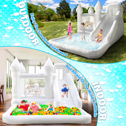 13.7 Ft  White Bounce House With Blower Jumping Castle With Slide & Ball Pit For Kids (oxford Material)